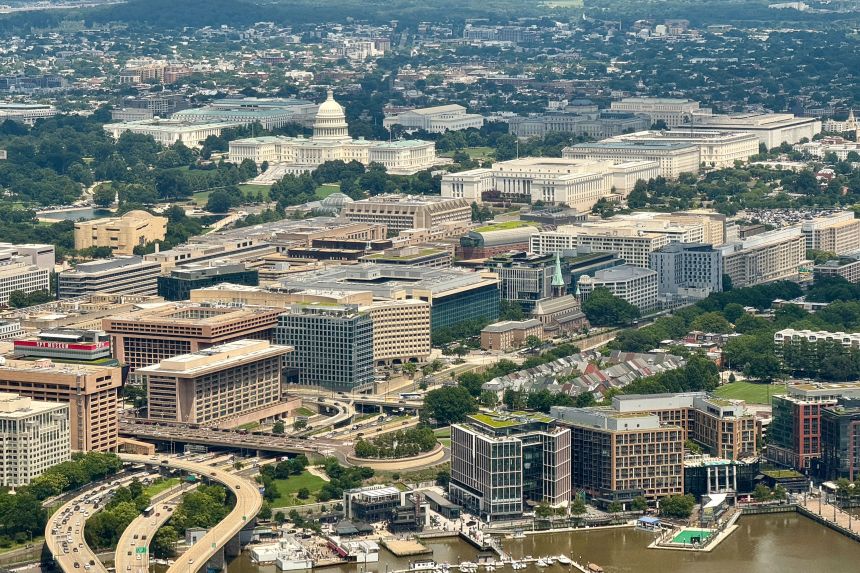 An aerial view of the US Capitol building and Washington, DC, on July 21, 2025.