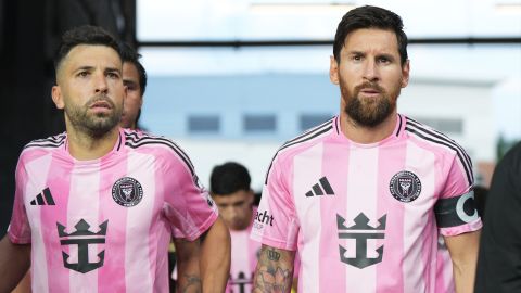 CINCINNATI, OHIO - JULY 16: Lionel Messi #10 of Inter Miami CF and teammate Jordi Alba #18 enter the pitch for the second half during the MLS match between FC Cincinnati and Inter Miami CF at TQL Stadium on July 16, 2025 in Cincinnati, Ohio. (Photo by Jeff Dean/Getty Images)