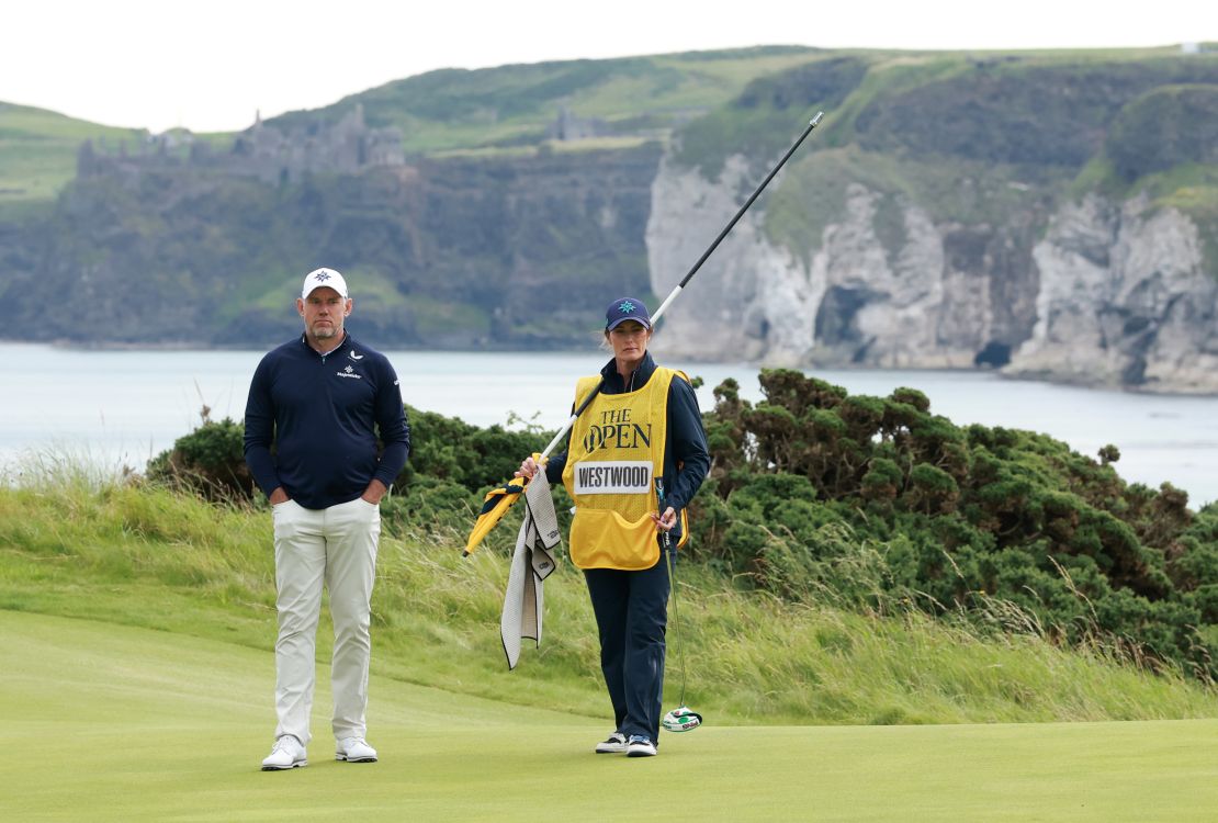 Lee Westwood and his wife Helen Storey on the fifth green on Thursday.