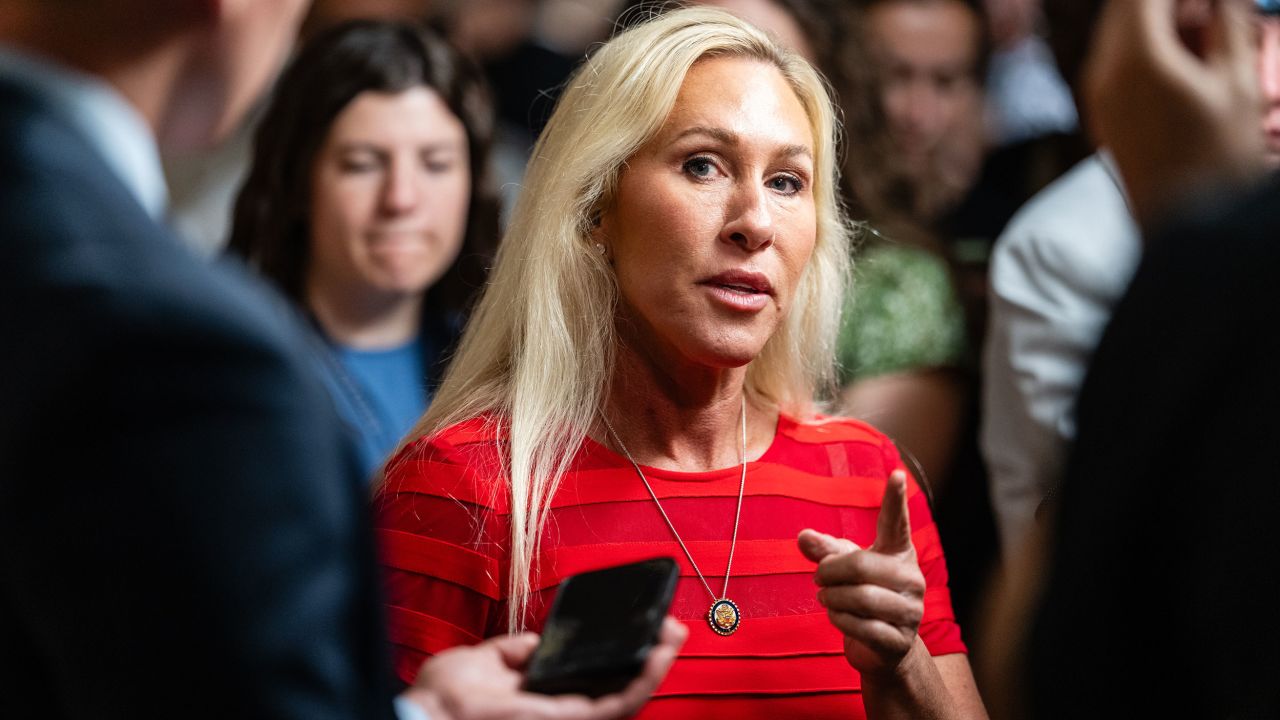 Representative Marjorie Taylor Greene speaks to members of the media at the Capitol in Washington, DC, on July 22.