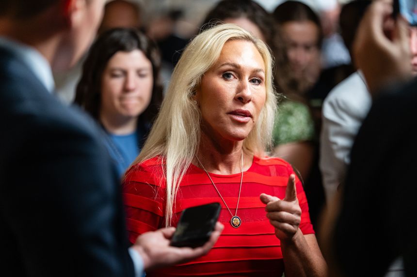 Representative Marjorie Taylor Greene speaks to members of the media at the Capitol in Washington, DC, on July 22.