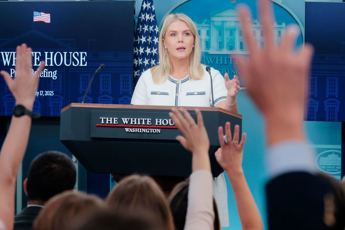 WASHINGTON, DC - JULY 17: White House Press Secretary Karoline Leavitt calls on reporters during a press briefing in the Brady Press Briefing Room at the White House on July 17, 2025 in Washington, DC. During the press briefing, Leavitt spoke on a range of topics including U.S. President Donald Trump's health, the Department of Justices' investigation into the Epstein files and funding for NPR and PBS. (Photo by Anna Moneymaker/Getty Images)