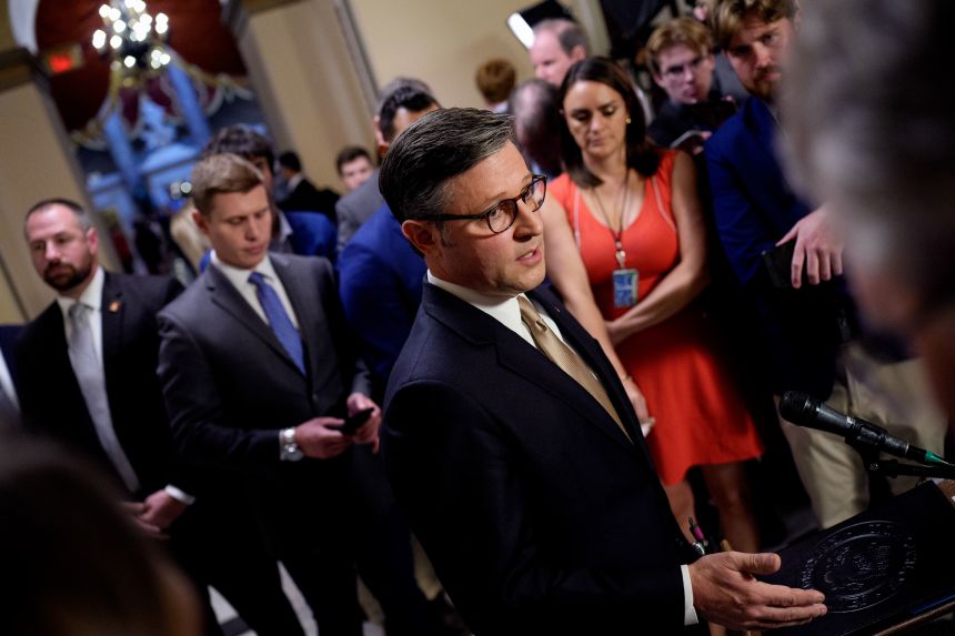 House Speaker Mike Johnson speaks to members of the media outside the House Chamber at the US Capitol on July 23, 2025.