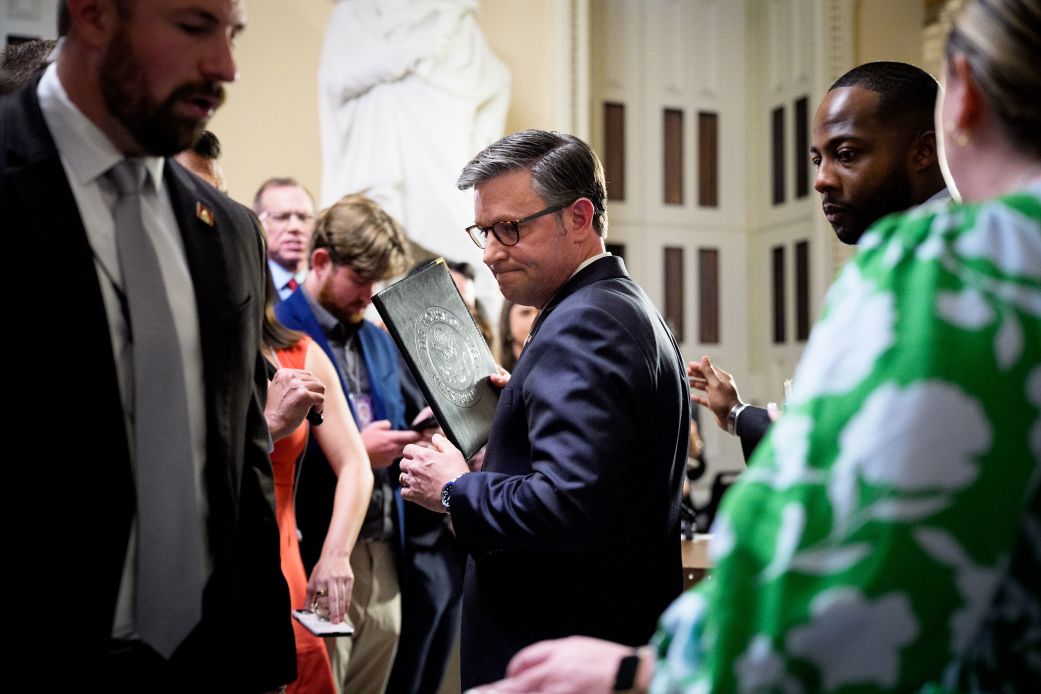 Speaker of the House Mike Johnson departs after speaking to the media at the US Capitol on Wednesday.