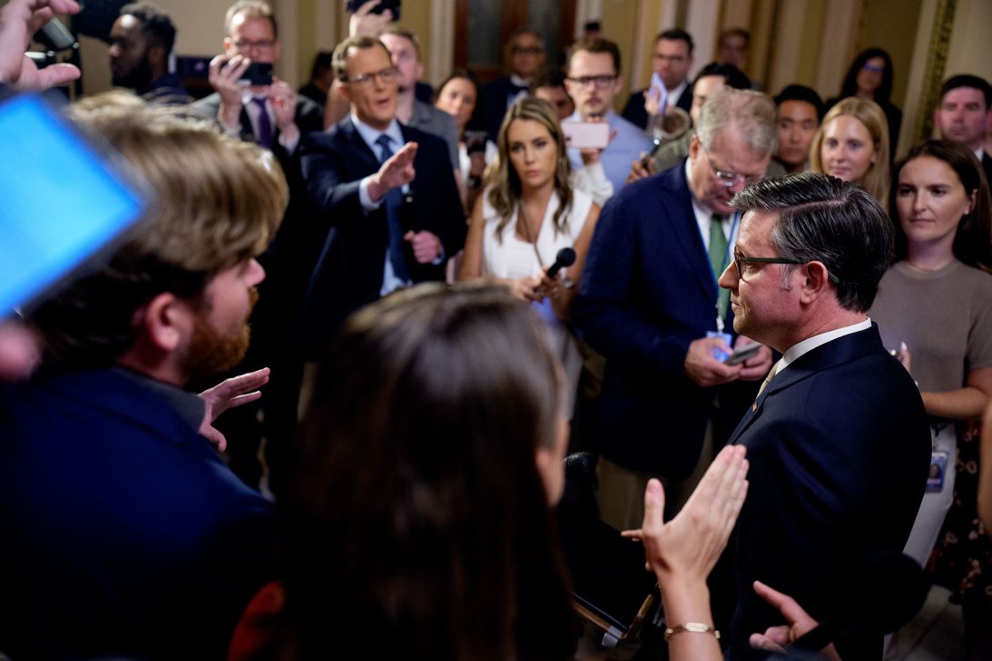 Speaker of the House Mike Johnson speaks to members of the press outside the US House Chamber on Wednesday.