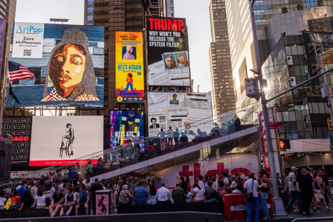 A billboard in New York's Times Square calls for the release of the Epstein Files on Wednesday.
