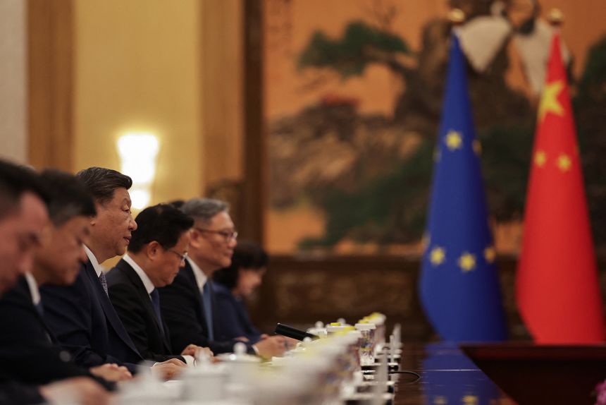 Chinese leader Xi Jinping gives his opening remarks at a meeting with top European Union officials at the Great Hall of the People in Beijing on July 24, 2025.