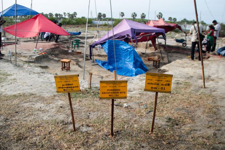 Sri Lankan forensic experts and police officers work at the Chemmani mass grave in Jaffna where authorities carried out excavations on July 23, 2025.