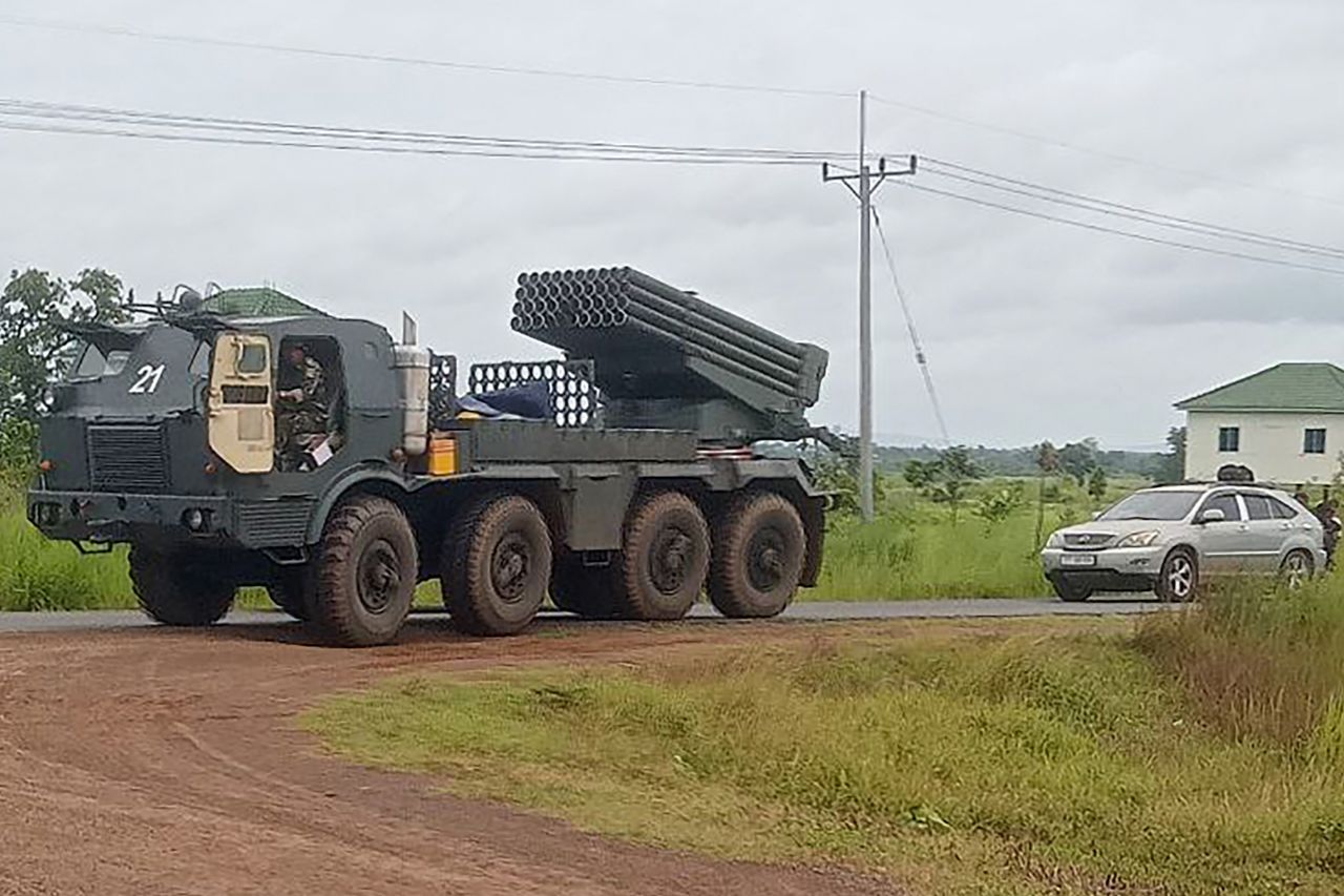 A Cambodian BM-21 multiple rocket launcher returns from the Cambodia-Thai border as Cambodian and Thai troops exchanged fire in a new round of clashes in Preah Vihear province on Thursday.