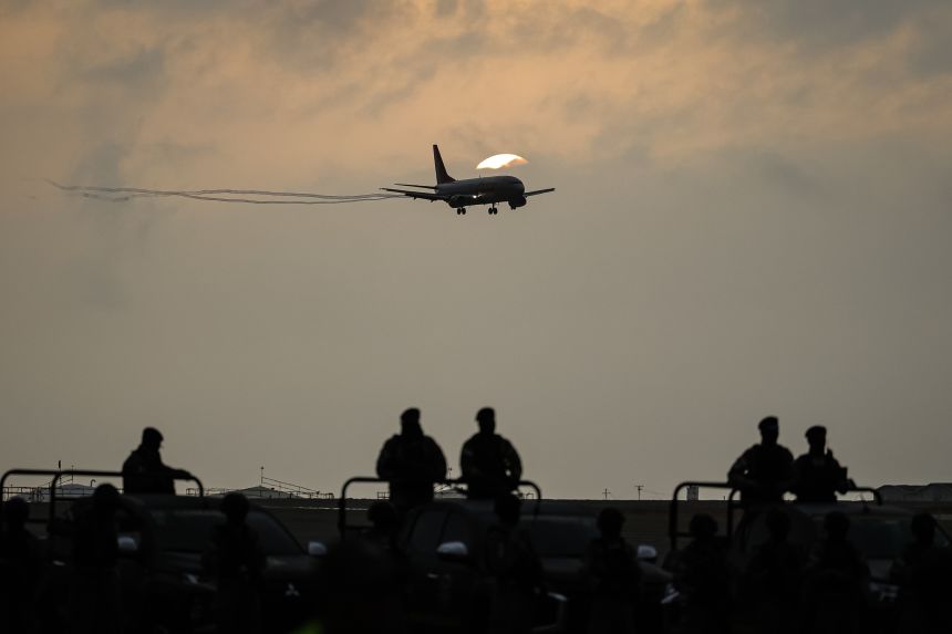 On July 18, 2025, a plane transporting Venezuelans detained in El Salvador arrives at Simón Bolívar International Airport in Caracas, Venezuela, as part of a detainee exchange agreement between Venezuela and the United States.