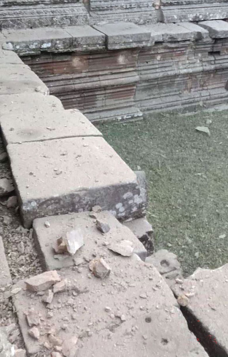 This pool photo released on July 24, 2025 by Agence Kampuchea Presse (AKP) shows damage to the Preah Vihear temple near the Cambodia-Thailand border.