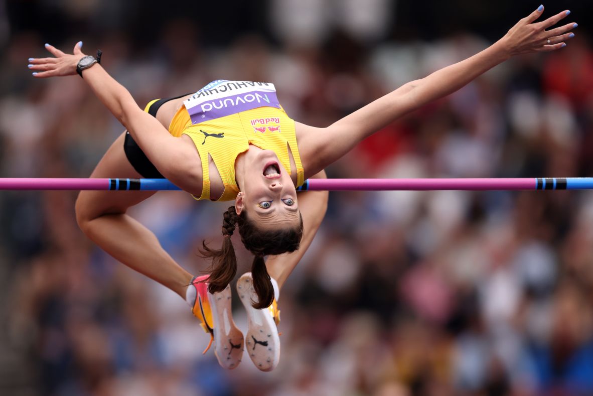 Ukrainian high jumper Yaroslava Mahuchikh competes in a Diamond League meet in London on Saturday, July 19. Mahuchikh broke the world record last year with a jump of 2.10 meters.