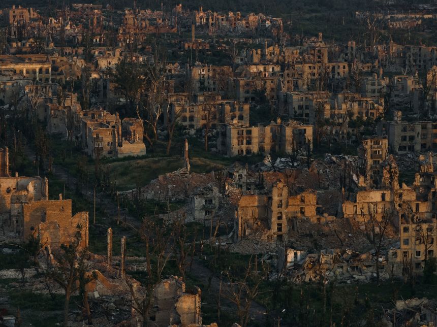 In an aerial view, the ruins of destroyed buildings are seen in the city of Chasiv Yar on July 24, 2025, in Chasiv Yar, Donetsk region, Ukraine.
