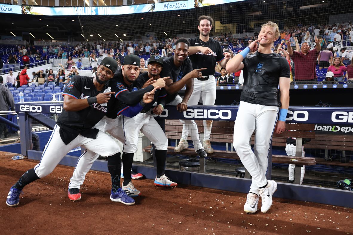 Miami Marlins outfielder Kyle Stowers, right, celebrates with teammates after he hit a walk-off home run to defeat the Kansas City Royals on Friday, July 18. He hit two homers in the game.