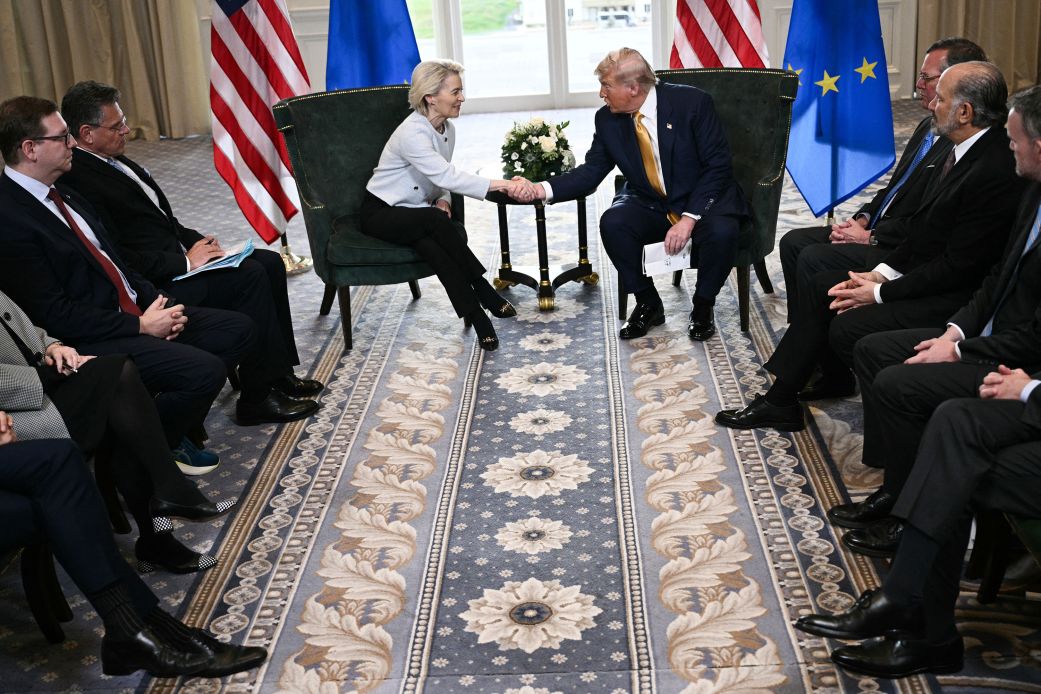 President Donald Trump shakes hands with European Commission President Ursula von der Leyen after agreeing on a trade deal between the two economies following their meeting in Turnberry, Scotland, on Sunday.
