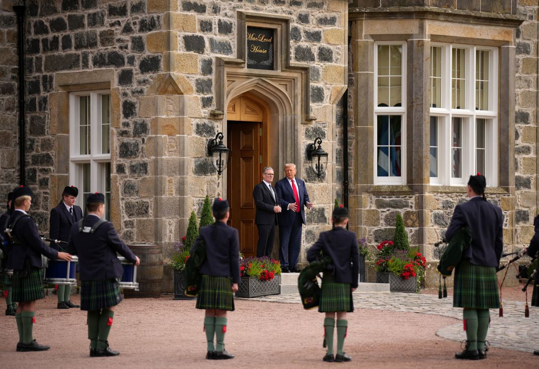 US President Donald Trump and British Prime Minister Keir Starmer arrive at Trump MacLeod House & Lodge in Balmedie, Aberdeenshire, Scotland, after flying on the Marine One helicopter on Monday.
