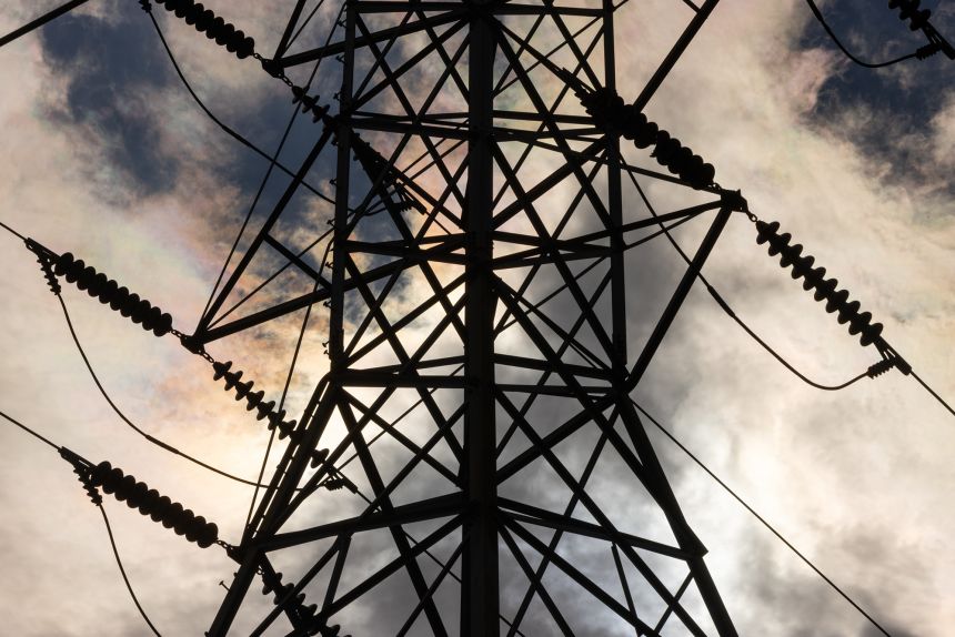 Power transmission lines are seen in Columbia, South Carolina, on July 28, 2025.