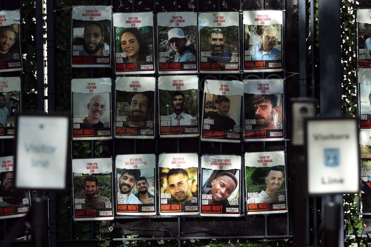 Posters of Israeli hostages are displayed outside the Israeli Embassy in Washington, DC, on July 24.