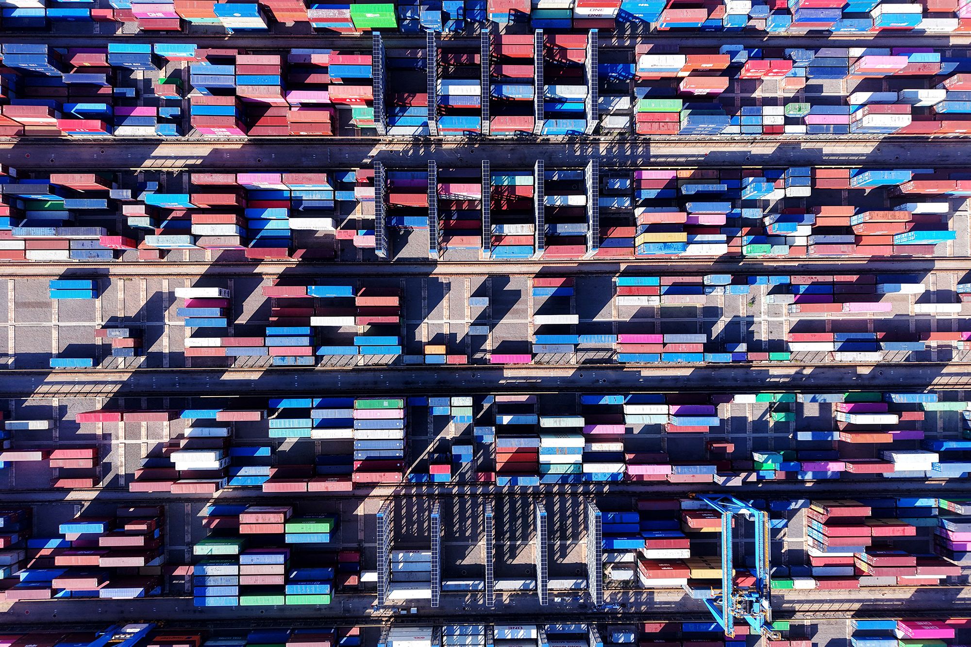 Containers are seen at the port in Qingdao, in China