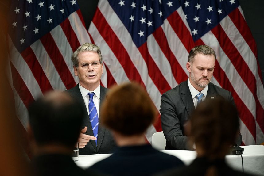 US Treasury Secretary Scott Bessent, left, and US Trade Representative Jamieson Greer address a press conference in Rosenbad after the trade talks between the US and China concluded in Stockholm, Sweden on Tuesday.