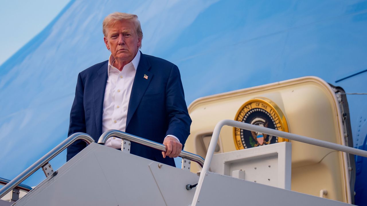 ANDREWS AIR FORCE BASE, MD - JULY 29: U.S. President Donald Trump arrives at Andrews Air Force Base, Maryland on July 29, 2025 before boarding Marine One for a short trip to the White House. President Trump is returning from a trip to  Scotland that was part vacation, part work, as he stayed at his Trump Turnberry golf course, followed by Trump International Golf Links in Aberdeenshire, from July 25 to 29. (Photo by Andrew Harnik/Getty Images)