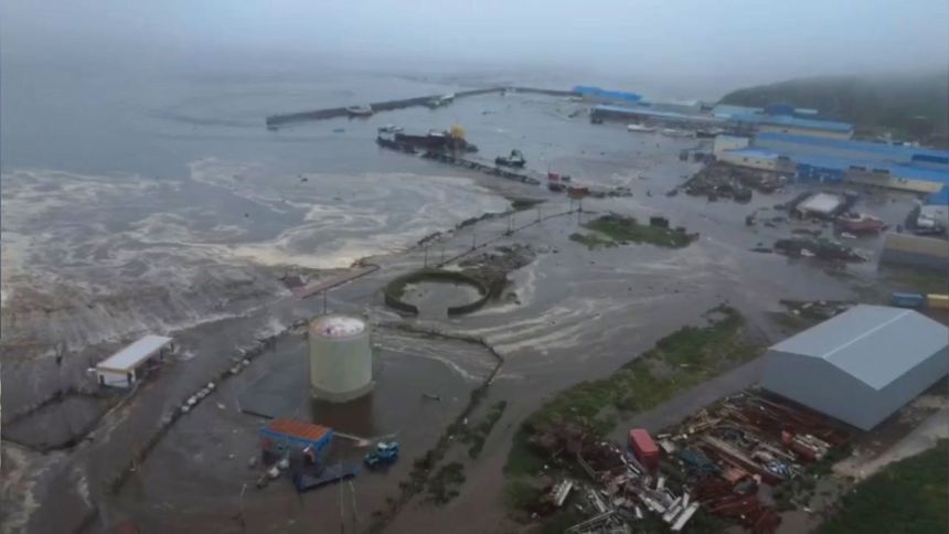 An aerial view of the city of Severo-Kurilsk flooded due to tsunami triggered by the 8.8 magnitude earthquake struck off Russia's Kamchatka Peninsula on July 30, 2025.