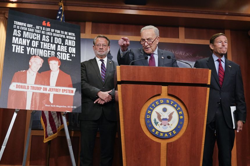 Senate Minority Leader Chuck Schumer, Sen. Gary Peters and Sen. Richard Blumenthal at a news conference calling on the Trump administration to release further information on the Jeffrey Epstein case, at the US Capitol in Washington, DC, on July 30.