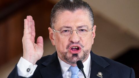 Costa Rica's President Rodrigo Chaves gestures as he speaks during a press conference at the presidential house in San Jose on July 30, 2025. Several minister of Chaves' government resigned just before the deadline of Costa Rica's Supreme Electoral Tribunal to be able to participate in the 2026 national election. (Photo by Ezequiel BECERRA / AFP) (Photo by EZEQUIEL BECERRA/AFP via Getty Images)          