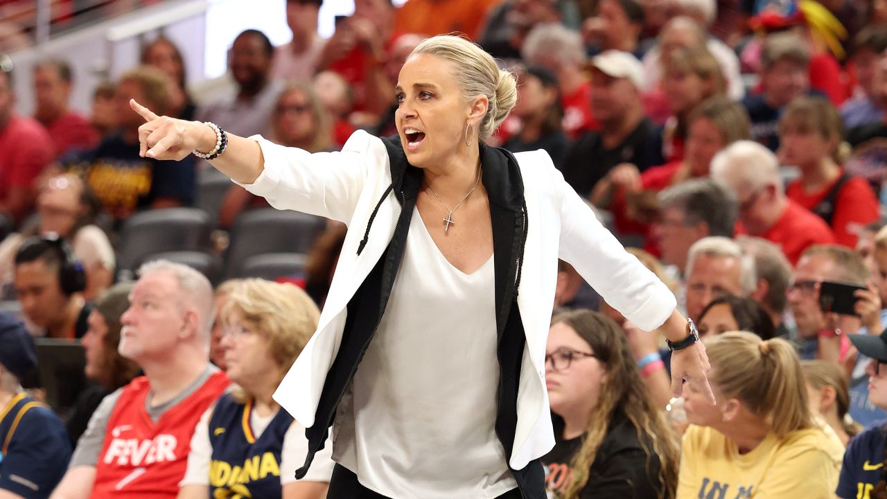 INDIANAPOLIS, INDIANA - JULY 24:  Becky Hammon the head coach of the Las Vegas Aces gives instructions to her team against the Indiana Fever at Gainbridge Fieldhouse on July 24, 2025 in Indianapolis, Indiana.  NOTE TO USER: User expressly acknowledges and agrees that, by downloading and or using this photograph, User is consenting to the terms and conditions of the Getty Images License Agreement (Photo by Andy Lyons/Getty Images)