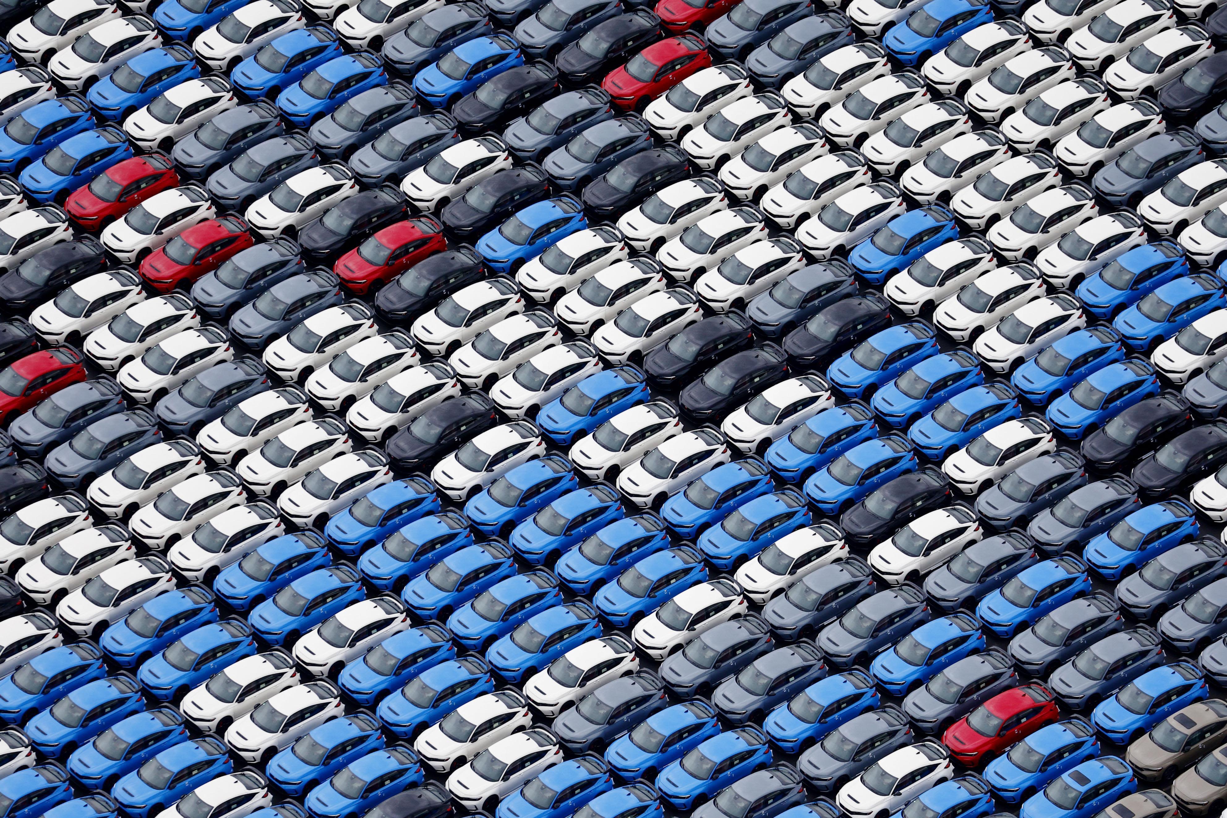 Vehicles bound for foreign countries parked at a port in Yokohama near Tokyo on August 1, 2025.