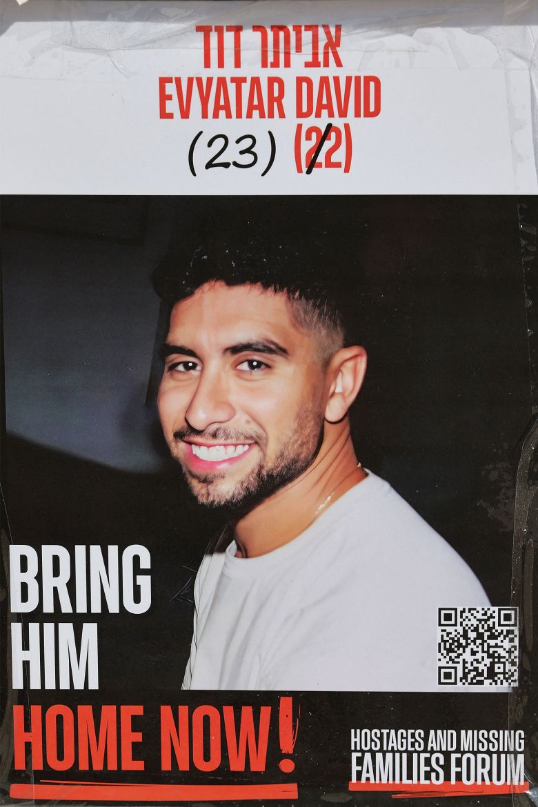 A poster outside the Tel Aviv Museum of Art showing hostage Evyatar David, photo taken on January 21.