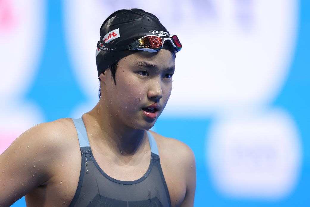 China's Yu Zidi reacts after competing at the World Aquatics Championships on Monday. She finished fourth in the 200-meter individual medley.