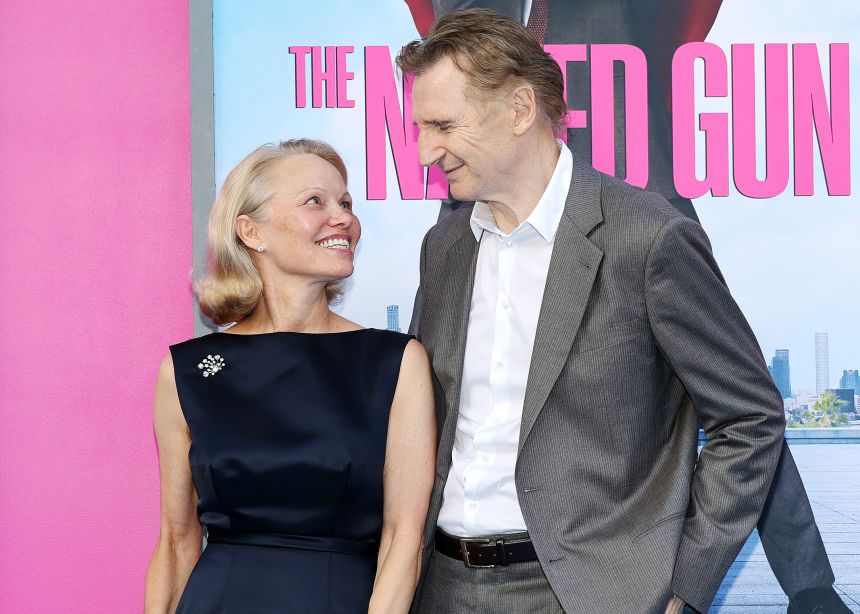 Pamela Anderson and Liam Neeson attend "The Naked Gun" New York Premiere on July 28, 2025 in New York City.