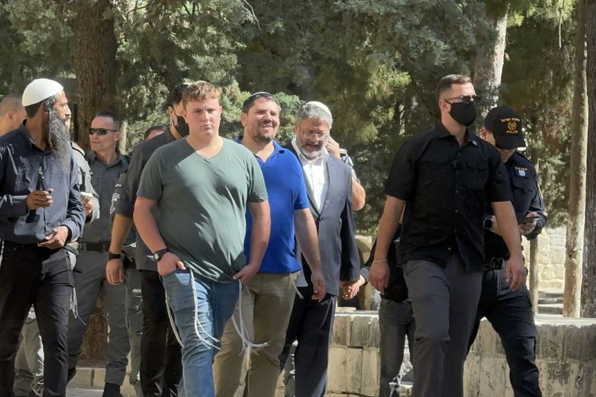 Israel's far-right National Security Minister Itamar Ben-Gvir (3rd R) led a large group of worshippers into the Al-Aqsa Mosque compound in Jerusalem on August 3, 2025.