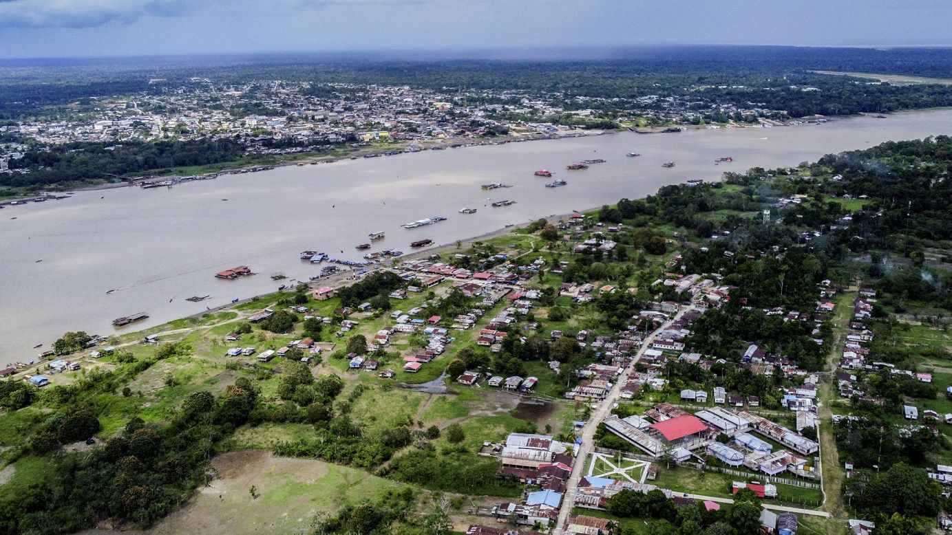Santa Rosa island (bottom) in front of Leticia, Colombia on August 5, 2025. Peru and Colombia are fighting over this Amazonian island on the shared border between the two countries.