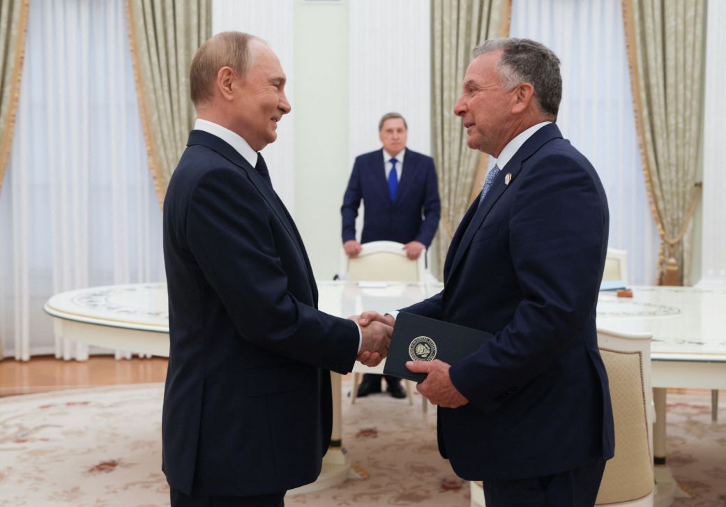 Russia's President Vladimir Putin greets US Special Envoy Steve Witkoff prior to their talks in Moscow on August 6, 2025.