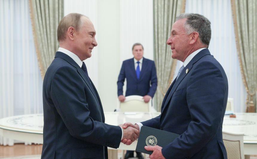 Russian President Vladimir Putin, left, meets with US Special Envoy Steve Witkoff, right, at the Kremlin in Moscow, Russia on August 6.