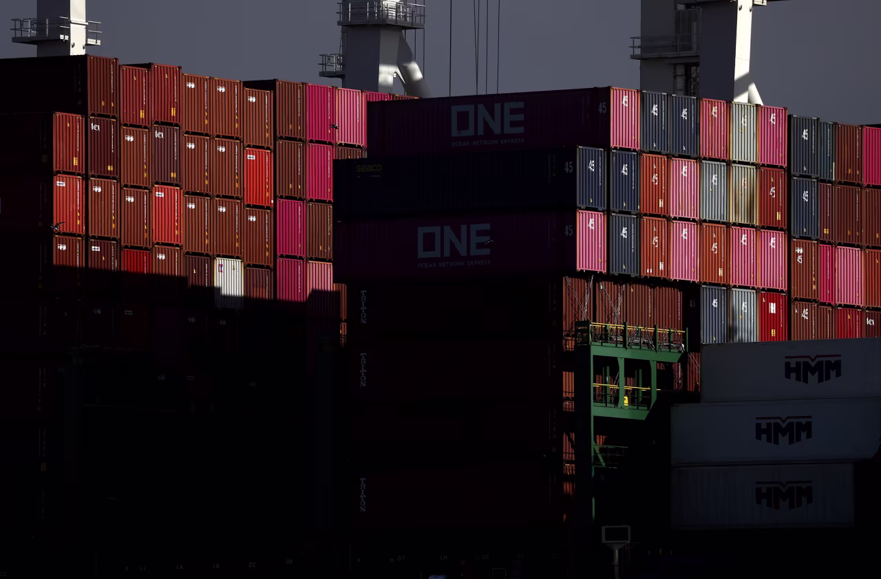 Shipping containers are seen on a ship at the Port of Oakland on August 1 in Oakland, California.