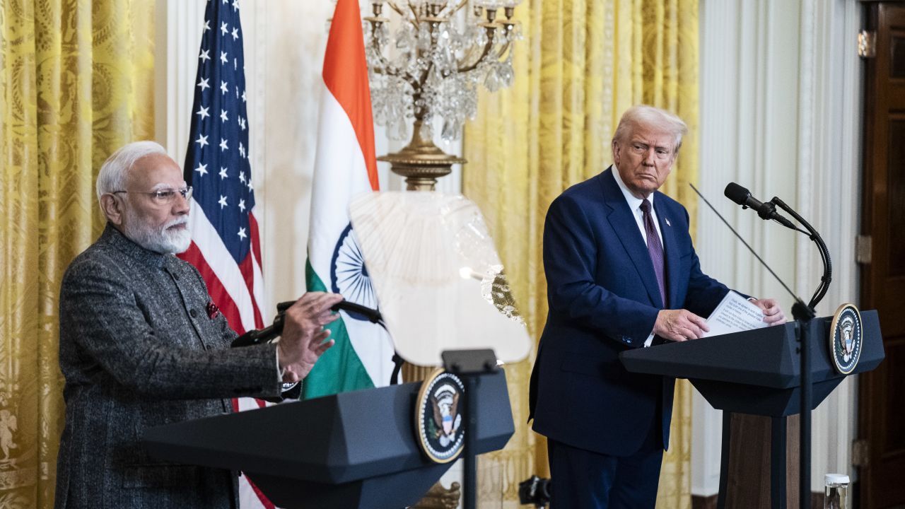 US President Donald Trump speaks with India's Prime Minister Narendra Modi during a news conference in the East Room at the White House on Thursday, Feb 13, 2025 in Washington, DC.