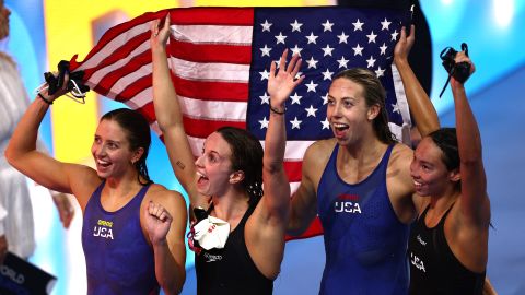 Regan Smith, Kate Douglass, Gretchen Walsh and Torri Huske of Team United States celebrate winning gold and setting a new championship record of 3:49.34 in the Women's 4x100m Medley Relay Final on day 24 of the Singapore 2025 World Aquatics Championships at World Aquatics Championships Arena on August 03, 2025 in Singapore.