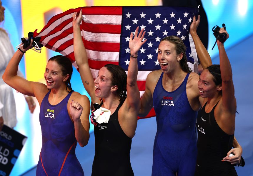 Regan Smith, Kate Douglass, Gretchen Walsh and Torri Huske celebrate their victory in the women's 4x100m medley relay final on Sunday.