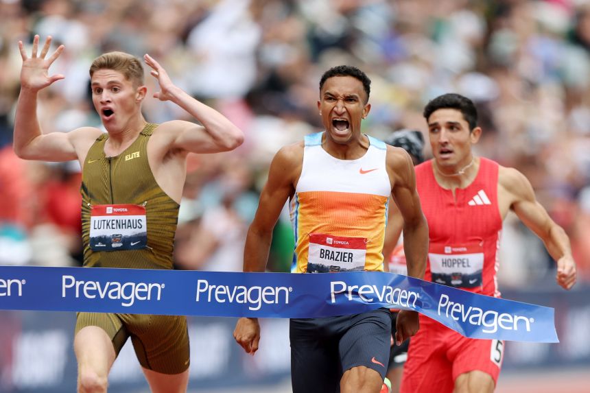 Lutkenhaus, left, reacts after finishing second to Donavan Brazier in last month's 800-meter final at the USATF Outdoor Championships.