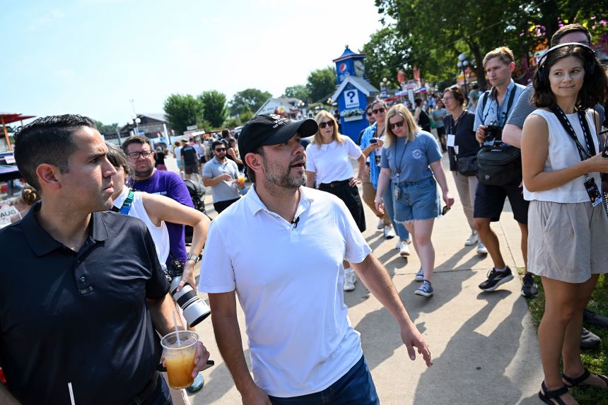 Sen. Ruben Gallego visits the Iowa State Fair in Des Moines, Iowa, on August 8, 2025.