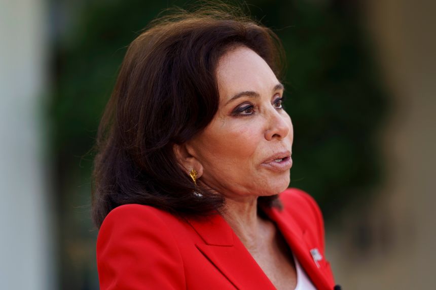 Jeanine Pirro speaks to the media outside the White House in Washington, DC, on Monday, August 11, 2025.