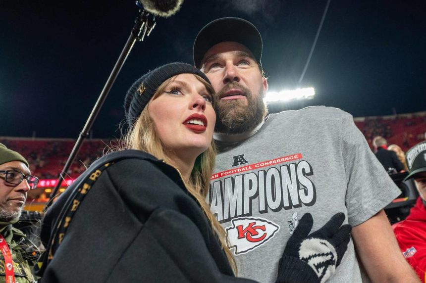 Travis Kelce and Taylor Swift at the AFC Championship Game at Arrowhead Stadium on Jan. 26th.