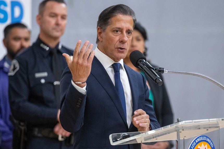 Los Angeles Unified School District Alberto Carvalho speaks during a news conference at Edward R. Roybal Learning Center in Los Angeles on Monday.