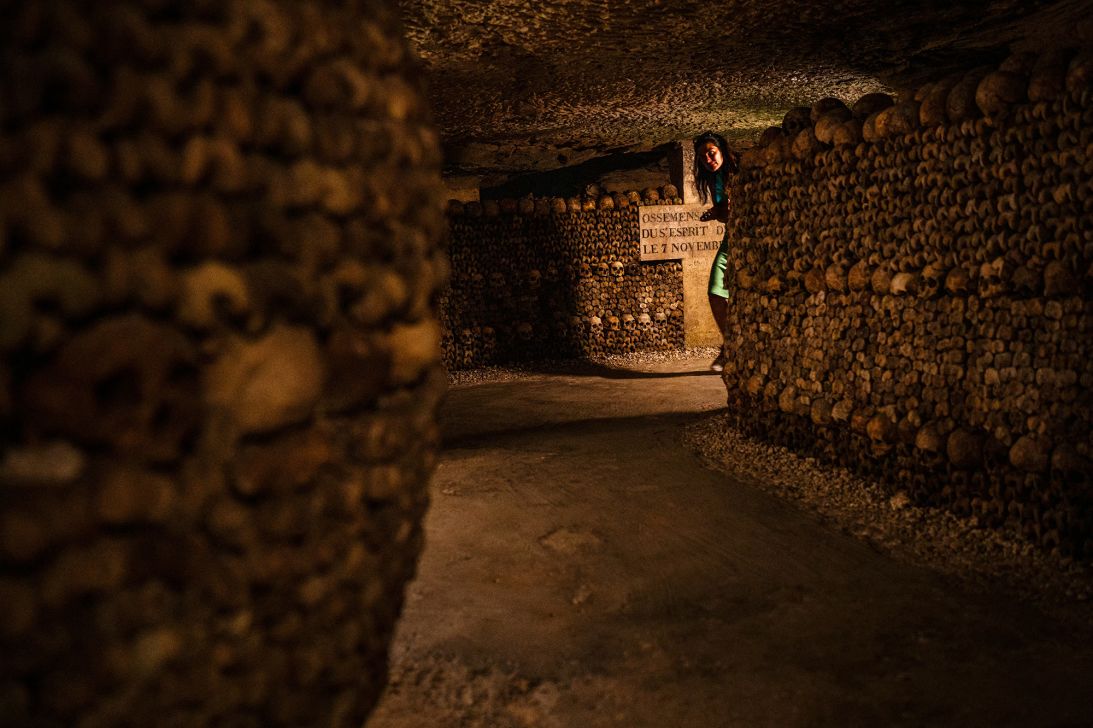 The Catacombs are 131 steps down under Paris where the remains of some six million people were transferred from saturated Parisian cemeteries between the end of the 18th century until 1861.