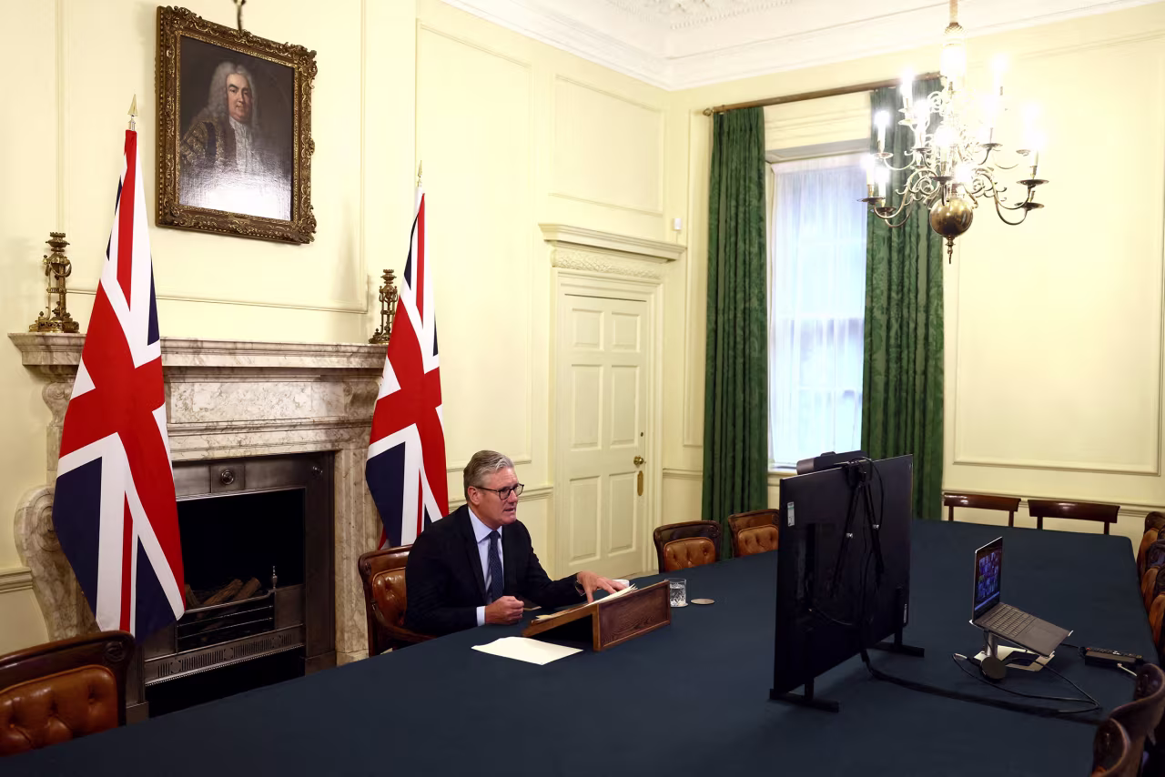 Britain's Prime Minister Keir Starmer co-chairs a video conference call with European leaders on Ukraine, from 10 Downing Street in London on Wednesday.
