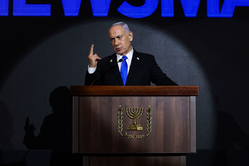 Israeli Prime Minister Benjamin Netanyahu delivers a statement during a US Independence Day reception on August 13.