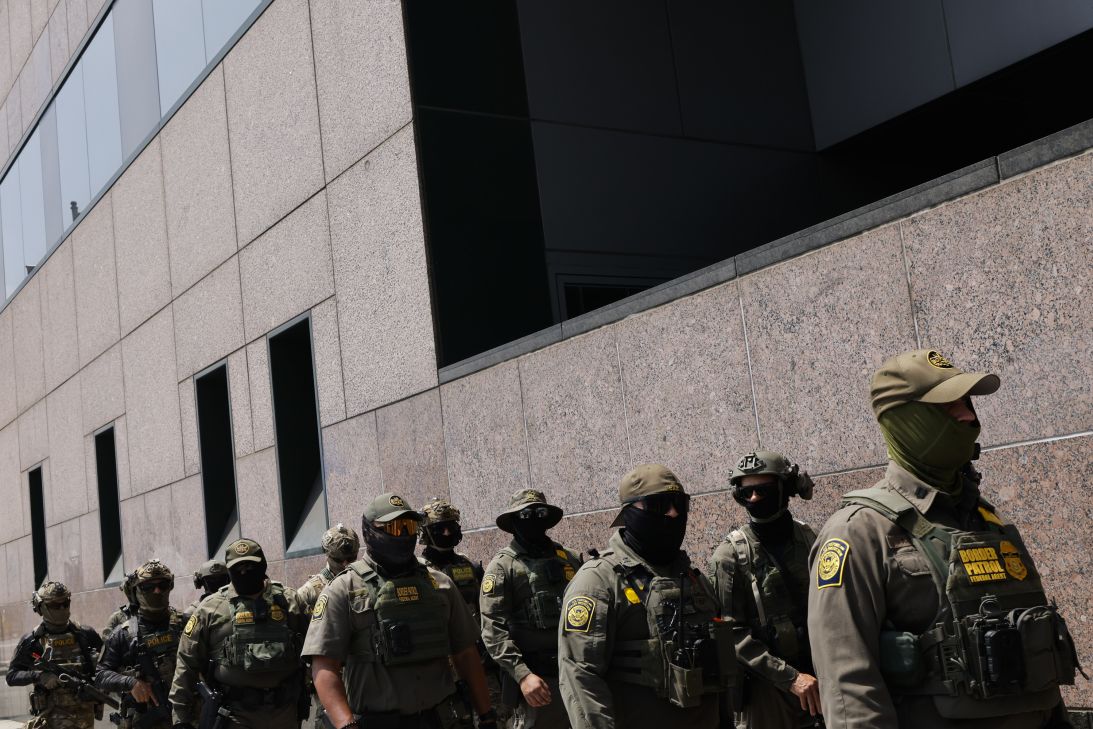 US Border Patrol agents march in Los Angeles in August.